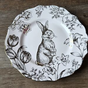 222 Fifth Pink & Gold Bunny Hill Rabbit Porcelain Salad Plate. Very light pink